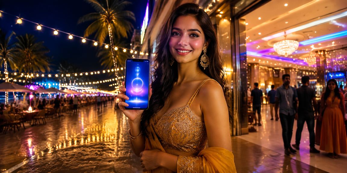 User playing casino games on mobile in Bollywood-inspired setting