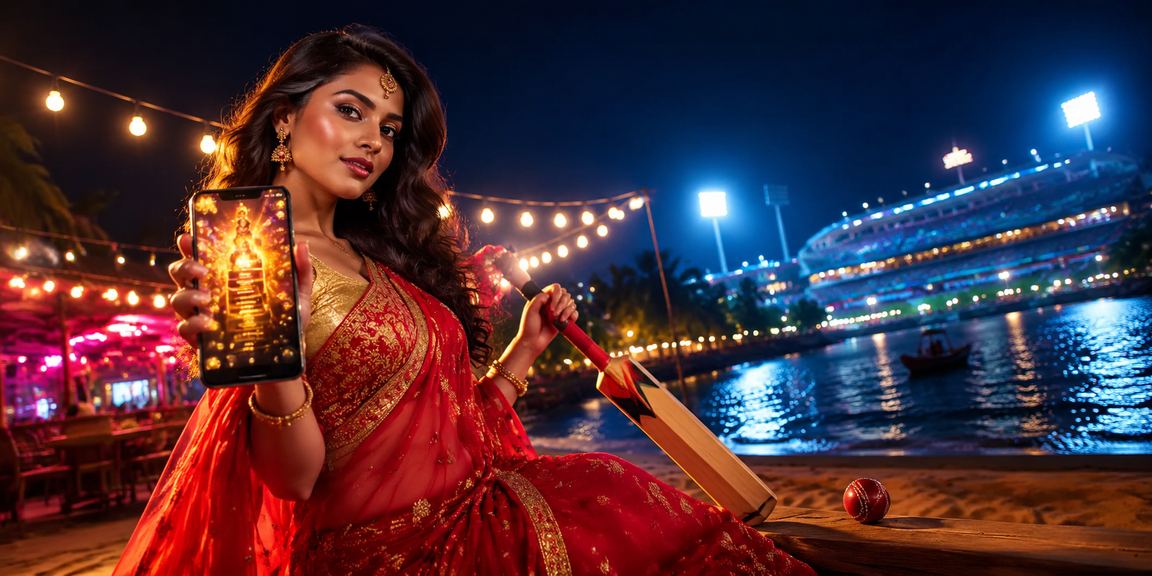 Indian woman placing cricket bets online in traditional attire